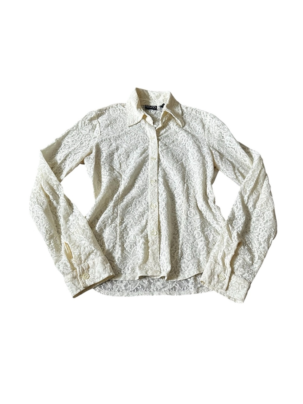 Vintage 90s Cream Lace Semi Sheer Button Front Shirt Victorian Cottage Romantic